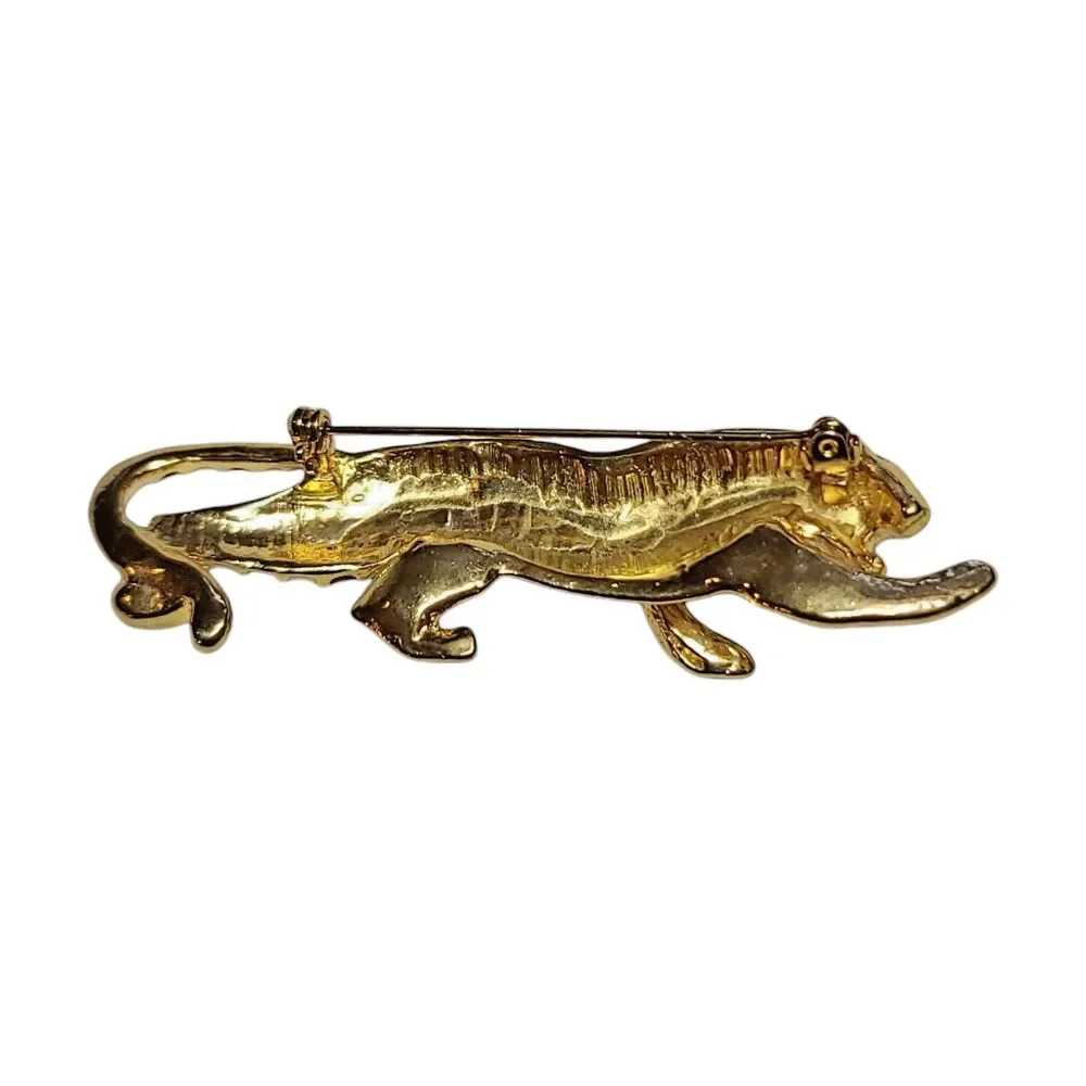 Vintage Gold Tone Shimmer Enamel Rhinestone Eye Panther Cat Brooch Pin